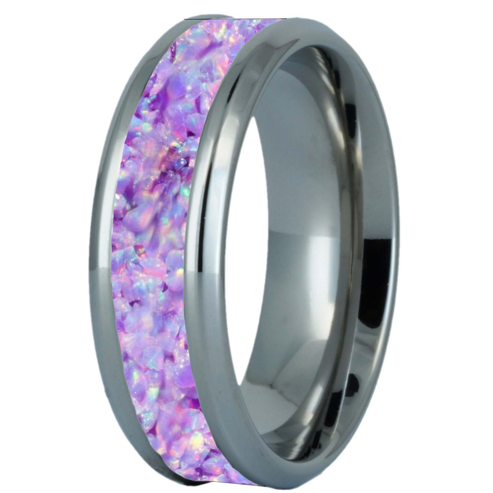 May include: A stainless steel ring with a purple and white opal inlay. The ring is a classic band style with a polished finish.