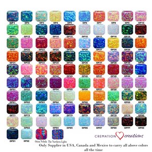 May include: A chart of 92 different opal cabochons, each with a unique color and pattern. The chart is labeled with numbers from OP1 to OP92.