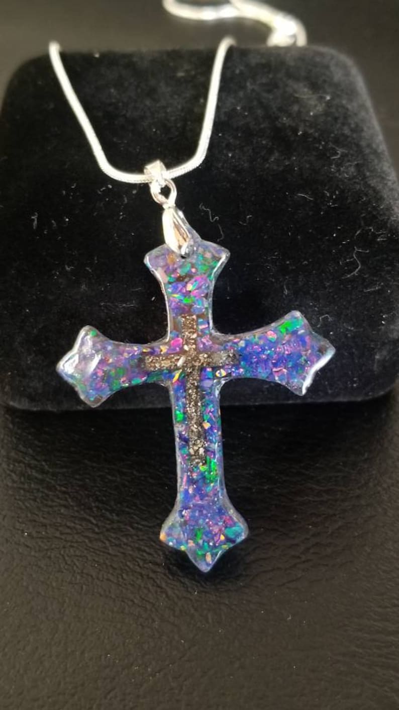 infused with ashes and opal. Cremation Cross pendant