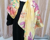 Colourful lillies on a yellow Hand painted silk scarf.