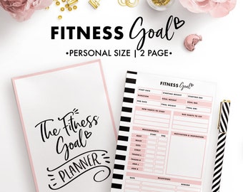 May include: A pink and black fitness planner with the text "The Fitness Goal Planner" on the cover. The planner has sections for tracking weight, measurements, new habits, bad habits to cut, motivation and inspiration, milestones, and final reward.