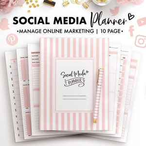 May include: A pink and white striped social media planner with the text "Social Media Planner" on the cover. The planner includes 10 pages and is designed to help manage online marketing.