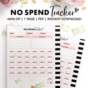 Könnte beinhalten: Ein druckbarer No-Spend-Tracker mit einem rosa-weißen Design. Der Tracker enthält Abschnitte für Monat, Motivationen, Startdatum, Enddatum, Ausnahmen und tägliche Verfolgung. Der Tracker ist mit Dollar-Noten-Illustrationen verziert.