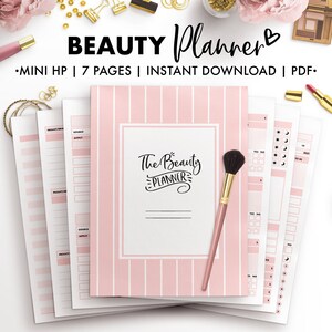 May include: A pink and white striped printable beauty planner with the text "The Beauty Planner" on the cover. The planner includes pages for tracking products, routines, and other beauty-related information.