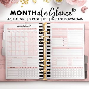 May include: A pink and white printable planner with a monthly calendar, to-do list, bills to pay, notes, important dates, and special events sections. The planner is labeled "MONTH at a Glance".