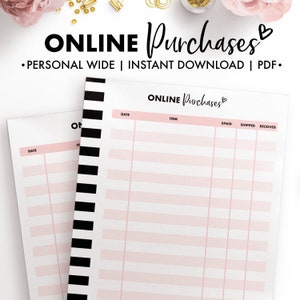 Könnte beinhalten: Zwei druckbare Online-Einkaufs-Tracker mit schwarz-weißen Streifen auf der linken Seite und rosa Linien auf der rechten Seite. Oben auf der Seite steht "ONLINE Purchases" mit einem Herzsymbol. Die Tabellenüberschriften lauten "Datum", "Artikel", "Bezahlt", "Versandt" und "Erhalten".