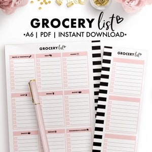 May include: A printable grocery list template in A6 size. The template is divided into sections for fruits and vegetables, meat, pantry, dairy, drinks, bakery, snacks, freezer, and household and other items. Each section has a check box and a line for writing items. The template has a pink background with black and white stripes on the right side.