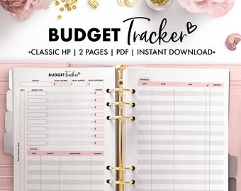 May include: A printable budget tracker with two pages, designed for a classic HP planner. The tracker includes sections for monthly income, expenses, and a budget breakdown. The text "BUDGET Tracker" is featured at the top of the page.