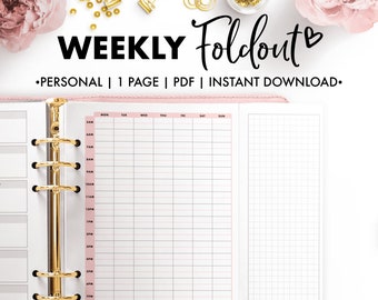 May include: A printable weekly planner with a pink and white color scheme. The planner has a grid layout for scheduling appointments and a blank grid for notes. The text "WEEKLY Foldout" is at the top of the page.