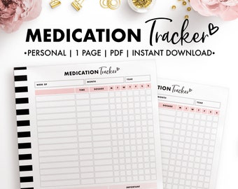 May include: A printable medication tracker with a pink and black design. The tracker has sections for week of, time, month, dosage, notes, and important information. The text "MEDICATION Tracker" is at the top of the page.