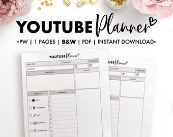 May include: Black and white printable YouTube planner with sections for video title, keywords, description, category, duration, supplies, checklist, talk about, social media, and links.