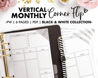 Planify Pro, Personal Wide, Vertical Monthly Corner Flip, Black and White