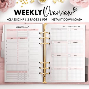 May include: A printable weekly planner with a pink and white color scheme. The planner includes sections for priorities, weekly goals, to-do list, meals, shopping list, and a daily schedule. The planner also includes a monthly calendar.
