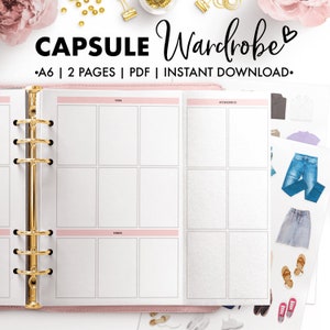 May include: A printable A6 size capsule wardrobe planner with two pages. The planner has sections for tops, shoes, and accessories. The planner is designed to help you create a capsule wardrobe.