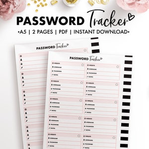 Op de afbeelding: Een printbare wachtwoordtracker met twee pagina's, in A5-formaat, met een roze en zwart ontwerp. De tekst "PASSWORD Tracker" staat bovenaan de pagina.