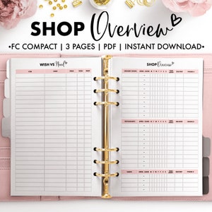 Op de afbeelding: Een roze en witte planner met gouden ringen. De planner heeft twee pagina's open, één met de titel "WISH VS Need" en de andere met de titel "SHOP Overview".