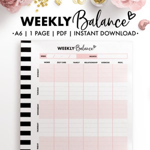May include: A printable weekly planner with a pink background and black and white stripes on the left side. The planner is divided into sections for work, self-care, family, relationship, exercise, and meal. The text "WEEKLY Balance" is at the top of the planner.