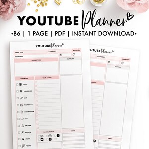 Könnte beinhalten: Ein druckbarer YouTube-Planer in rosa und weiß. Der Planer enthält Abschnitte für Videotitel, Keywords, Beschreibung, Kategorie, Dauer, Zubehör, Checkliste, darüber sprechen, über, Social Media und Links.