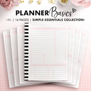 May include: A set of 14 printable planner pages with a pink and black colour scheme. The pages feature lined, grid, and checklist sections. The text "PLANNER Basics" is at the top of the page.