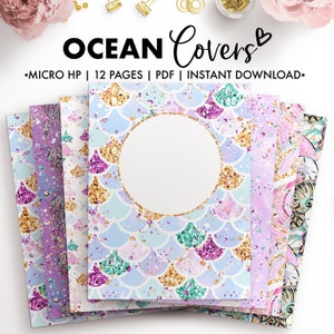 May include: A set of 12 printable digital paper designs featuring a mermaid scale pattern with glitter and watercolor effects in shades of purple, blue, and green. The text "OCEAN Covers" is at the top of the image.  MICRO HP | 12 PAGES | PDF | INSTANT DOWNLOAD.