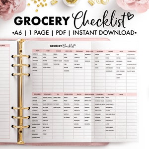 May include: A pink and white printable grocery checklist with a heart symbol. The checklist is divided into categories such as fruits, dairy, canned goods, meat and fish, vegetarian, pasta and rice, beverages, baking, spices, and paper wrap. Each category has a list of items to check off.
