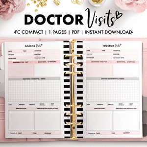 Puede incluir: Un registro de visitas al médico imprimible con secciones para la fecha, la hora, el paciente, la ubicación, el hospital, el médico, la información de contacto, las razones de la visita, las preguntas/síntomas, los comentarios/notas del médico, la edad, el peso, la altura, la presión arterial, la frecuencia cardíaca, la receta, las instrucciones de la receta y el seguimiento de la fecha, la hora y el contacto. El registro está diseñado para una agenda compacta.