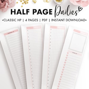 May include: Four white Half Page Dailies with pink accents and various layouts. The pages include a shopping list, a to-do list, and lined and grid-style daily planners. Text on the image reads "HALF PAGE Dailies" and "CLASSIC HP | 4 PAGES | PDF | INSTANT DOWNLOAD."