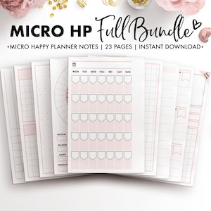 May include: A set of printable planner pages with a pink and white color scheme. The pages include a weekly planner, a mood tracker, and a blank grid page. The text "MICRO HP Full Bundle" is at the top of the image. The text "MICRO HAPPY PLANNER NOTES | 23 PAGES | INSTANT DOWNLOAD." is below the title.