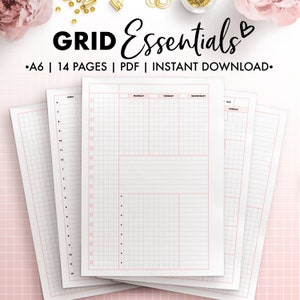 May include: A set of 14 printable A6 grid pages in PDF format. The pages are designed for planning and note-taking. The pages have a pink grid pattern and are perfect for use with pens, pencils, or markers.