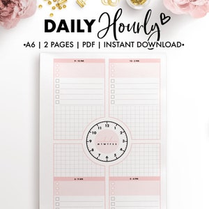 May include: A printable daily planner with a pink and white color scheme. The planner is divided into four sections, each with a time slot: 6-9 AM, 9-12 PM, 12-3 PM, and 3-6 PM. Each section has a checklist and a space for writing. The planner also features a clock with the days of the week labeled.