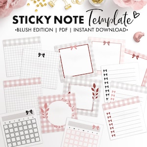May include: A set of printable sticky note templates in a blush pink and white gingham pattern. The templates include lined, grid, calendar, and blank options with decorative elements like bows and leaves. The text "STICKY NOTE Template" is at the top of the image.