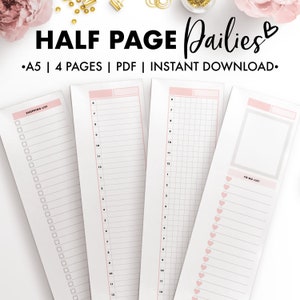 May include: Four half-page daily planner sheets with pink accents. The sheets include a shopping list, a to-do list, and lined and grid-style pages for scheduling. The text on the image reads "HALF PAGE Dailies" and "A5 | 4 PAGES | PDF | INSTANT DOWNLOAD."