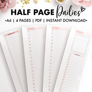 May include: Four printable pages of half-page daily planners in A6 size. The pages include a shopping list, a gridded page, a to-do list with hearts, and a blank page.