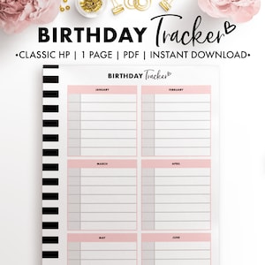 May include: A printable birthday tracker with a pink and white color scheme. The tracker is divided into six sections, one for each month of the year, from January to June. Each section has a title and lines for writing names and dates.