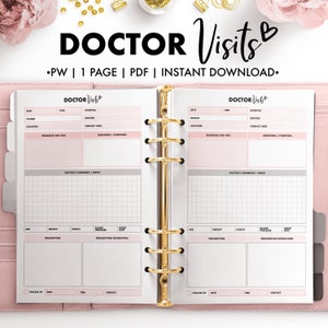 May include: A printable doctor's visit log with sections for date, time, patient, location, reason for visit, doctor, hospital, contact info, questions/symptoms, doctor's comments/notes, age, weight, height, blood pressure, heart rate, prescription, prescription instructions, and follow up date. The log is designed for a personal planner or binder.