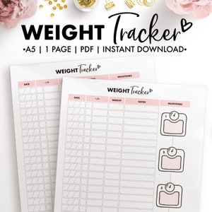 May include: Printable weight tracker with a pink heart design. The tracker has columns for date, weight, and notes. It also includes a section for milestones with three weight scales.