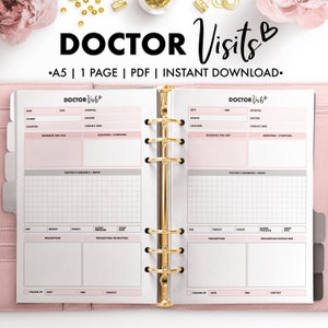 May include: A printable doctor's appointment log with sections for date, time, patient, location, reason for visit, doctor, hospital, contact info, questions/symptoms, doctor's comments/notes, age, weight, height, blood pressure, heart rate, prescription, prescription instructions, and follow up date, time, and contact.