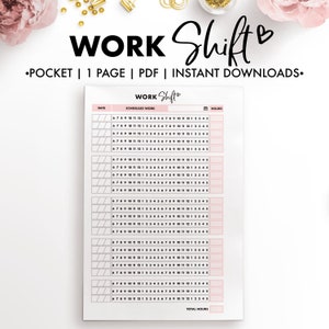 Può includere: Un pianificatore di turni di lavoro stampabile con sfondo rosa e testo nero. Il pianificatore ha una colonna per la data, il lavoro programmato e le ore. Le ore sono numerate da 6 a 12, poi da 1 a 5. C'è uno spazio in fondo per il totale delle ore.