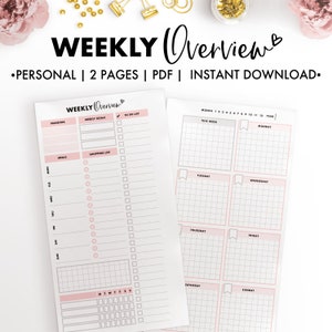 May include: Two printable pages of a weekly planner with a pink and gray color scheme. The first page has sections for priorities, weekly goals, to-do list, meals, and a shopping list. The second page has a calendar grid for each day of the week, with space for notes.