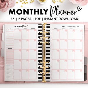 May include: A black and white striped monthly planner with a pink heart and the text "MONTHLY Planner" on the cover. The planner is a B6 size and has two pages. It is a PDF file and is available for instant download.