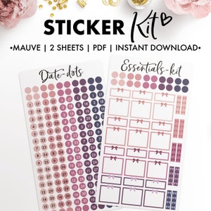 May include: Two sheets of mauve planner stickers. One sheet features a grid of circles with numbers 1-31 for date dots. The other sheet has a grid of boxes with bows and a grid of smaller boxes with rows of bows. The text "Date-dots" and "Essentials-kit" is printed on the sheets.