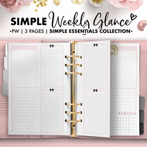 May include: A weekly planner with a pink and white cover. The planner has a gold binder and a gridded layout. The text on the cover reads "SIMPLE Weekly Glance •PW | 3 PAGES | SIMPLE ESSENTIALS COLLECTION."