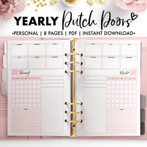 May include: A pink and white printable planner with the title "YEARLY Dutch Doors" and the text "PERSONAL | 8 PAGES | PDF | INSTANT DOWNLOAD." The planner has a monthly calendar view for each month of the year, with a grid for notes and goals for each month.