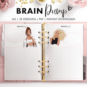 May include: A pink binder with two pages open, each page has a grid pattern and a cartoon illustration of a woman with a thought bubble. The text "BRAIN Pump" is at the top of the page.