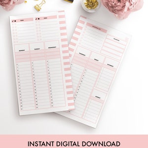 Puede incluir: Un planificador imprimible con rayas rosas y blancas. El planificador incluye una lista de tareas, una lista de compras, una lista de prioridades y un calendario semanal. El calendario est&aacute; dividido en siete d&iacute;as de la semana, con espacio para cada hora del d&iacute;a. El planificador est&aacute; dise&ntilde;ado para los tama&ntilde;os A5, A4 y carta.