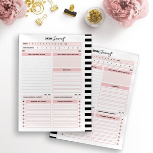 May include: A pink and black printable skin care journal with the title "SKIN Journey" and sections for tracking skin care routines, solutions, and daily skin evaluations.