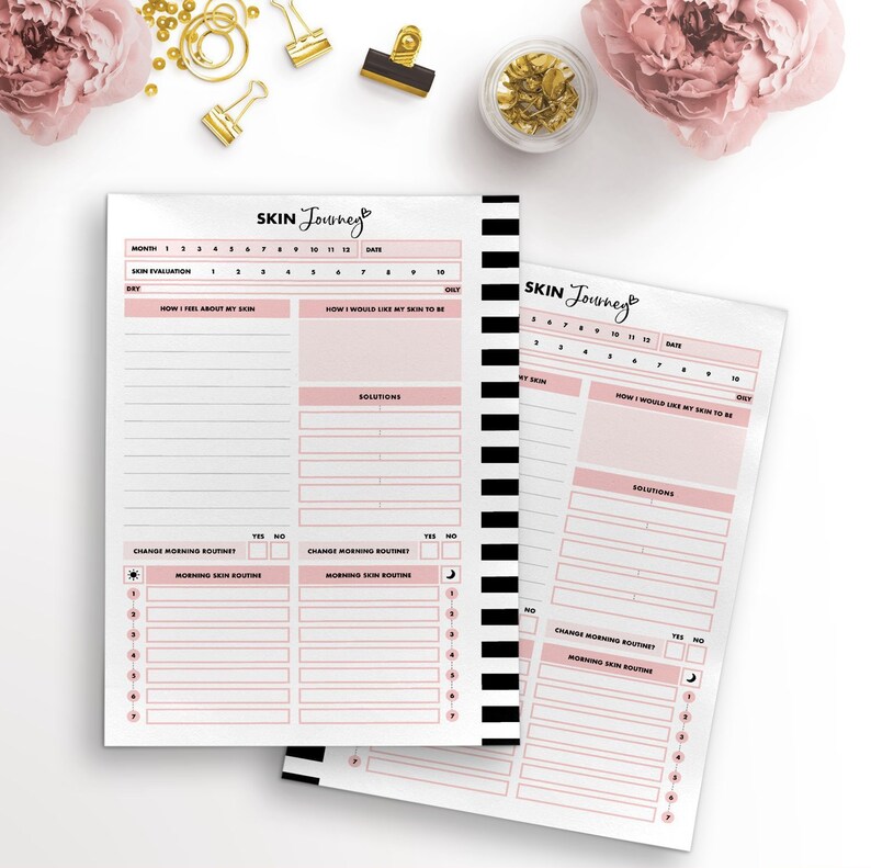 May include: A pink and black printable skin care journal with the title "SKIN Journey" and sections for tracking skin care routines, solutions, and daily skin evaluations.
