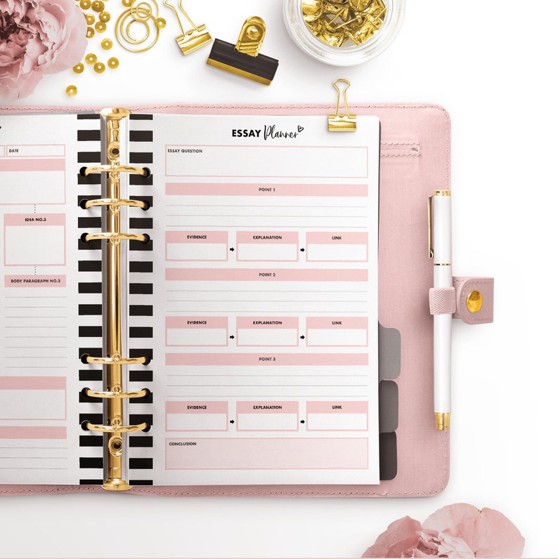 May include: A pink and white planner with a black and white striped cover. The planner has a gold binder and is open to a page labeled "Essay Planner". The page has sections for essay questions, points, evidence, explanation, and links.