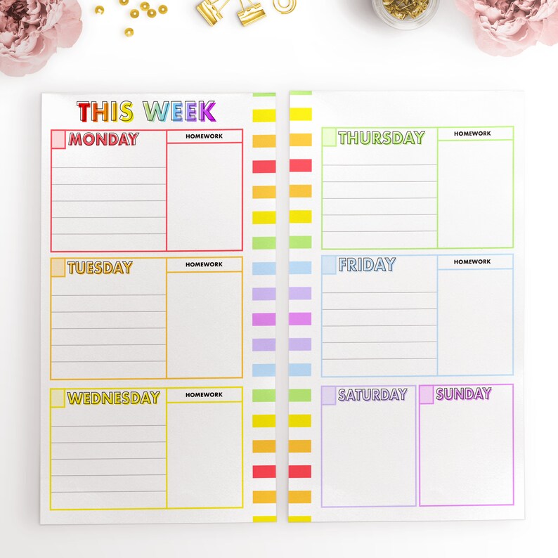 May include: A weekly planner with a rainbow color scheme. The planner has spaces for each day of the week, Monday through Sunday, with a section for homework for each day.