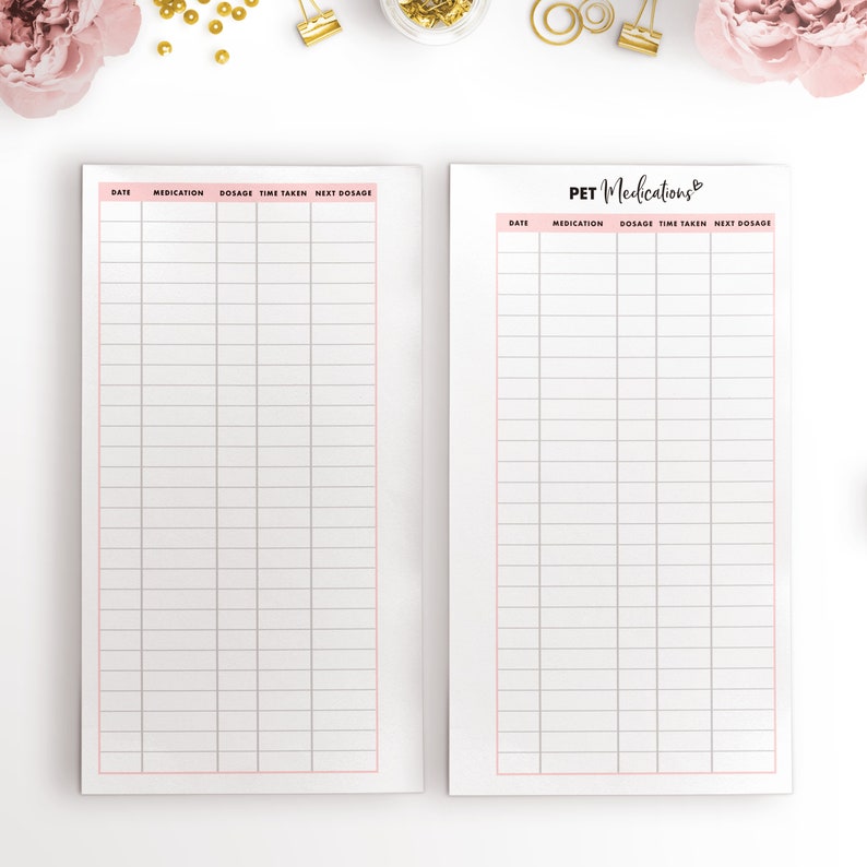May include: Two printable pet medication log sheets with pink borders. Each sheet has columns for date, medication, dosage, time taken, and next dosage.